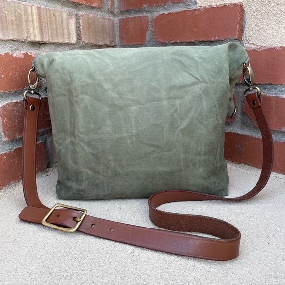 Handmade Convertible Waxed Canvas Tote with Leather Strap in Avocado Green - Picture 2 of 11